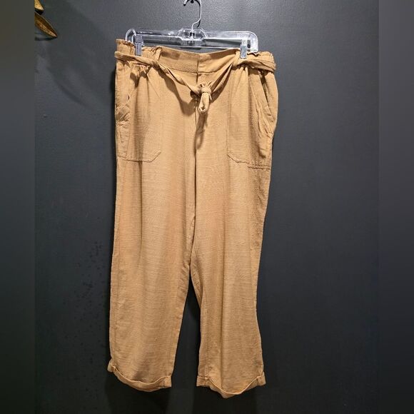 Democracy Pants Womens 14 Tan Crop Cuffed Ankle High Rise Waist Tie Rayon - Picture 1 of 10